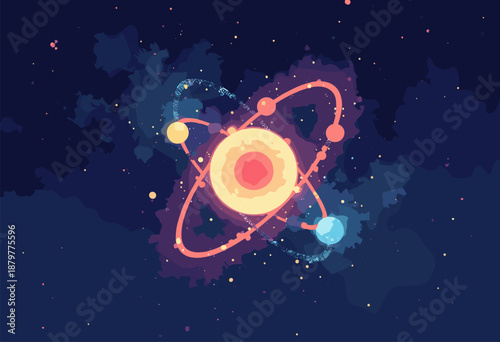 stylized atom model electrons orbiting glowing nucleus Nuclear Energy Flat