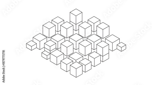 Isometric grid of outline cubes forming city-like abstract pattern on a white background.