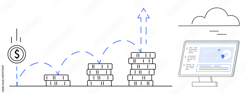 Fototapeta premium Economic growth, business analytics, investment strategy, financial planning, banking, digital economy. Stacks of coins and a computer monitor with data. Economic growth and business analytics