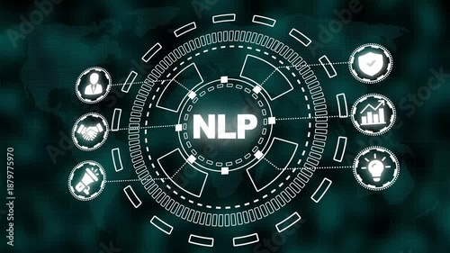 Digital concept of Natural Language Processing with icons for business and technology on a world map background