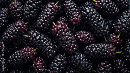 Saturated purple mulberries with green stems and glossy finish