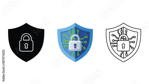 Collection of three distinct security shield icons featuring a central locked padlock symbol representing protection