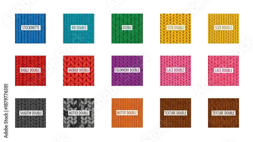 Colorful knitting pattern swatches Set for textile and craft design