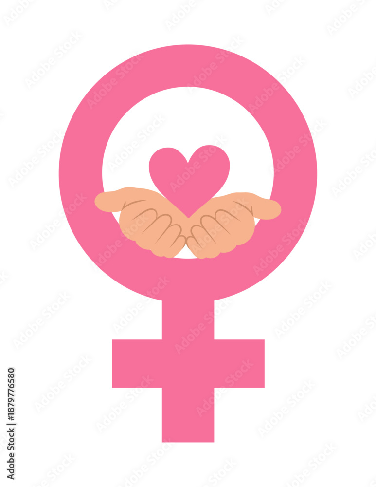 Obraz premium Inside the Women’s sign, a woman's open hands hold a heart symbolizing care, strength,activism, the design element for posters, cards, brochures.#Givetogain campaign.International Women's Day 2026. 