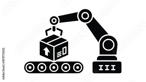 Robotic arm moving a box on a conveyor belt, symbolizing industrial automation and logistics Vector