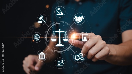 Futuristic digital law interface displaying justice scale, highlighting digital law image