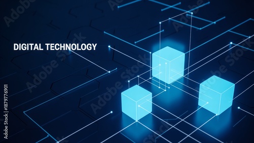Isometric data technology network 3D vector illustration with digital server platforms and cubes connected by lines. Abstract cloud image