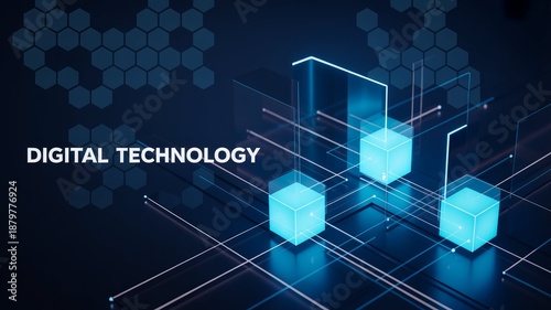 Isometric data technology network 3D vector illustration with digital server platforms and cubes connected by lines. Abstract cloud image