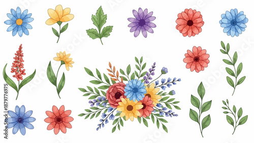 Watercolor floral arrangement of colorful flowers and leaves on a white background with a vibrant and artistic style.