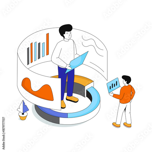 Conceptual isometric design illustration of data interpretation 