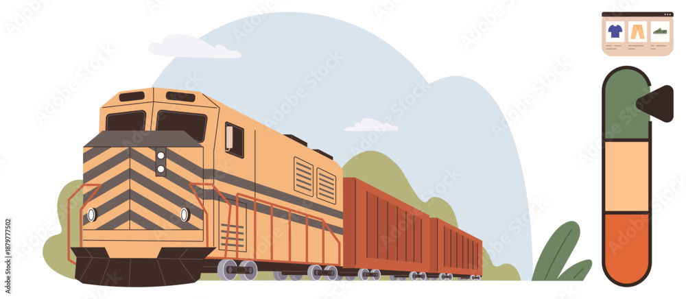Obraz premium Transportation, environment, logistics, emissions, freight, sustainability. Cargo train traveling with a fuel emissions indicator. Freight and environment concepts linked to logistics and emissions