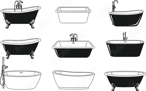 Bathtub Silhouette Vector Collection, Vintage Clawfoot Tub and Modern Bathroom Fixture Icons, Luxury Interior Design Elements for Home Spa and Relaxation,