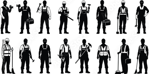 Construction Worker Silhouette Vector Collection, Industrial Builder and Handyman Icons, Professional Laborer Set with Tools for Engineering Maintenance and Repair Service Design, 16 Elements.