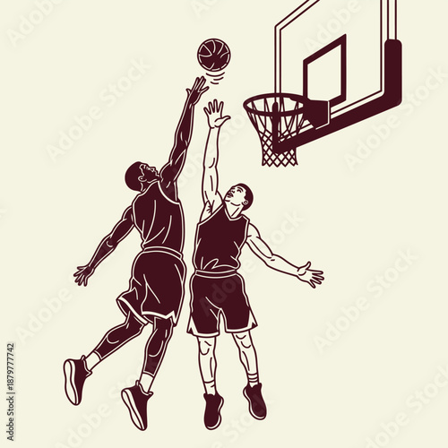 Two basketball players jumping to score in a competitive game with a hoop