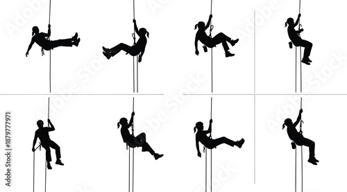 Rock Climbing Silhouette Vector Collection, Rappelling and Mountaineering Athlete Icons, Outdoor Adventure Extreme Sports Set for Alpinism and Abseiling Design, 8 High Quality Elements.