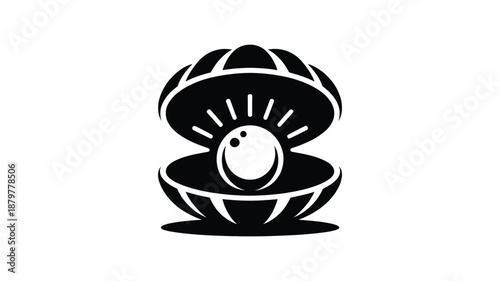 A striking black silhouette of an open oyster revealing a luminous pearl within Vector