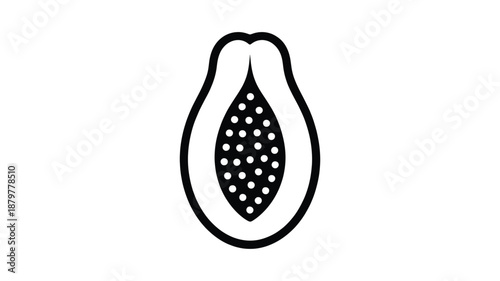 Simple linear illustration of a ripe papaya fruit showing its dark seeds inside Vector