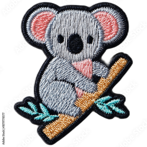 Cute embroidered koala bear on a branch patch on white.