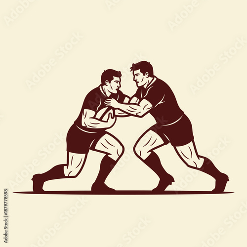 Two rugby players in a competitive match, grappling for the ball on the field with intensity and strength.