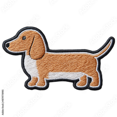 Embroidered dachshund patch with detailed stitching on white.