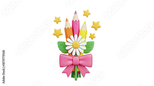 Cartoon bouquet of pencils, flower, and stars