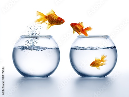 Wallpaper Mural Golden fish jumping between glass bowls against a clean white background Torontodigital.ca