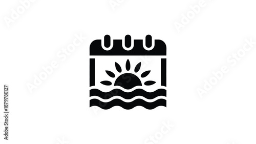 Calendar icon depicting a vibrant sun rising or setting above ocean waves, symbolizing daily events Vector