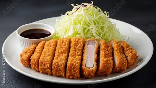 Crispy tonkatsu cutlet with shredded cabbage and dipping sauce