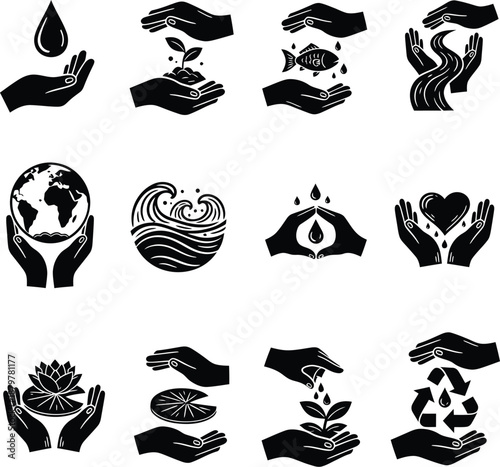 Black Linocut Water Conservation Icons Hands Holding Water Drop Seed Fish River Globe Raindrop Heart