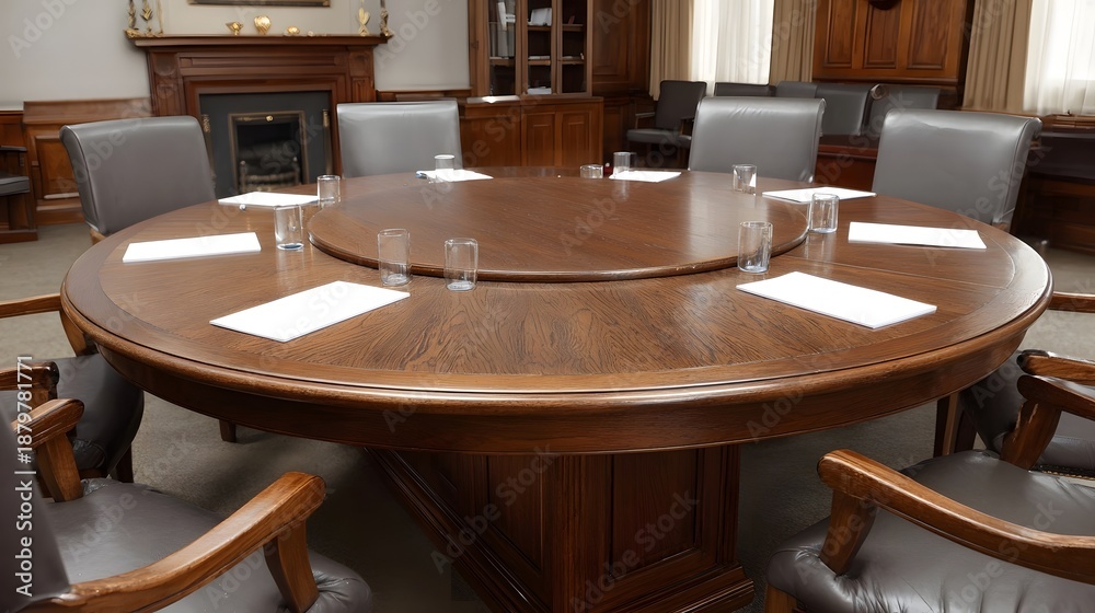 Naklejka premium Elegant circular conference table with leather chairs set in a formal boardroom