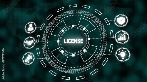 Digital concept of license with icons for business growth security and communication on a world map background