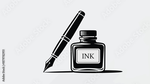 Elegant fountain pen and ink bottle illustration in classic black and white style Vector