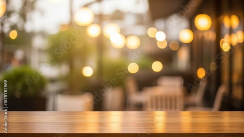 Empty rustic wooden table surface with a beautiful blurred bokeh lights background, perfect for product display or overlay designs in a cozy evening cafe atmosphere