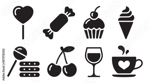 Collection of black sweet food icons including heart candy cupcake ice cream cone cookies cherries and wine glass