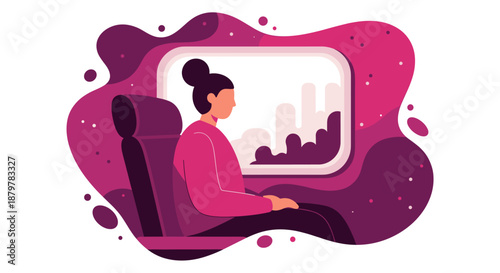 Minimalist illustration of a calm female passenger quietly sitting on a vehicle seat and traveling by bus or train, observing the cityscape silhouette through the window