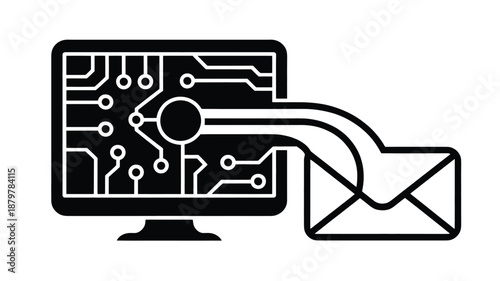 Electronic mail transfer from computer processor circuit to an envelope icon Vector
