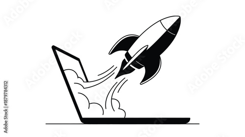 Rocket launching from a laptop screen depicting fast technology startup and project boost Vector