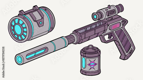 High Tech Futuristic Energy Weapon Kit Isometric Illustration Power Cell Scope and Suppressor for Sci Fi Gaming Assets