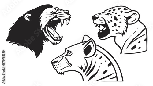 Snarling Gorilla Leopard and Hyena Heads Monochrome Vector Illustration Wildlife Competition and Business Rivalry Graphic