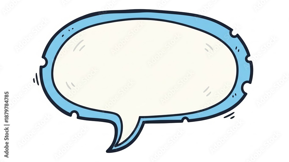 Fototapeta premium A cartoon speech bubble with a blue outline and white interior on a transparent background is viewed directly from the front.