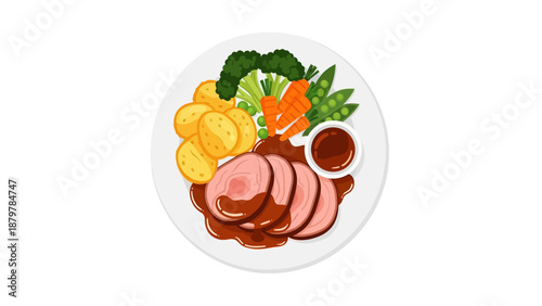 Sliced meat served with potatoes, carrots, and broccoli on a plate with sauce