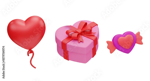 3D icon set for Valentine's Day: heart balloon, gift box, and candy, isolated on transparent background
