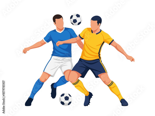 Flat vector illustration of two soccer players competing for the ball