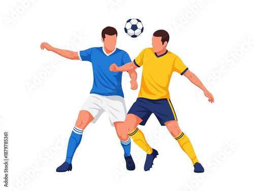 Flat vector illustration of two soccer players competing for the ball