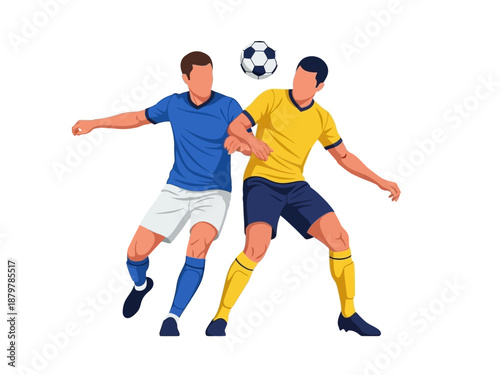 Flat vector illustration of two soccer players competing for the ball