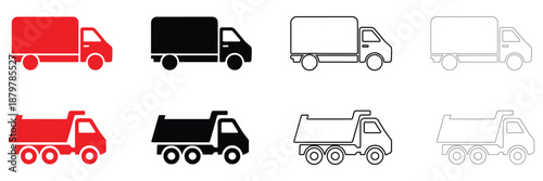 delivery truck icon vector set, fast shipping delivery transport van vector, silhouette and line art