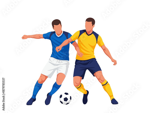 Flat vector illustration of two soccer players competing for the ball