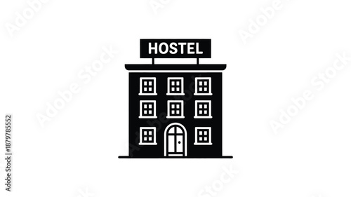 Black and white icon of a hostel building with windows and a clear sign Vector