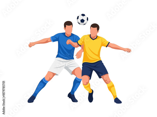 Flat vector illustration of two soccer players competing for the ball