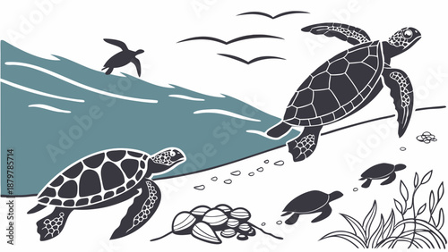 Sea Turtles Hatching Journey to the Ocean Shoreline Graphic Illustration Marine Life Conservation and Environmental Protection
